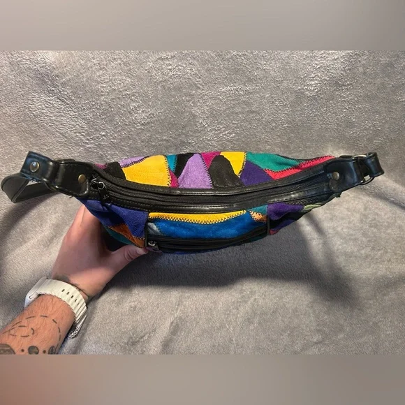 Vtg 80s La Covina Multicolored Recycled Leather Patchwork Shoulder Bag w/ Wallet - Picture 4 of 16